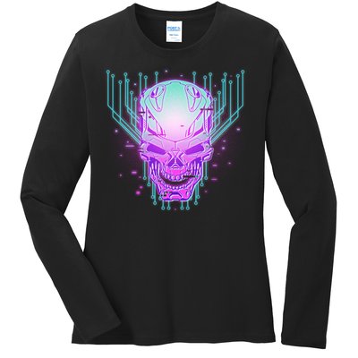 Retro Cyber Robot Skull  Ladies Long Sleeve Shirt