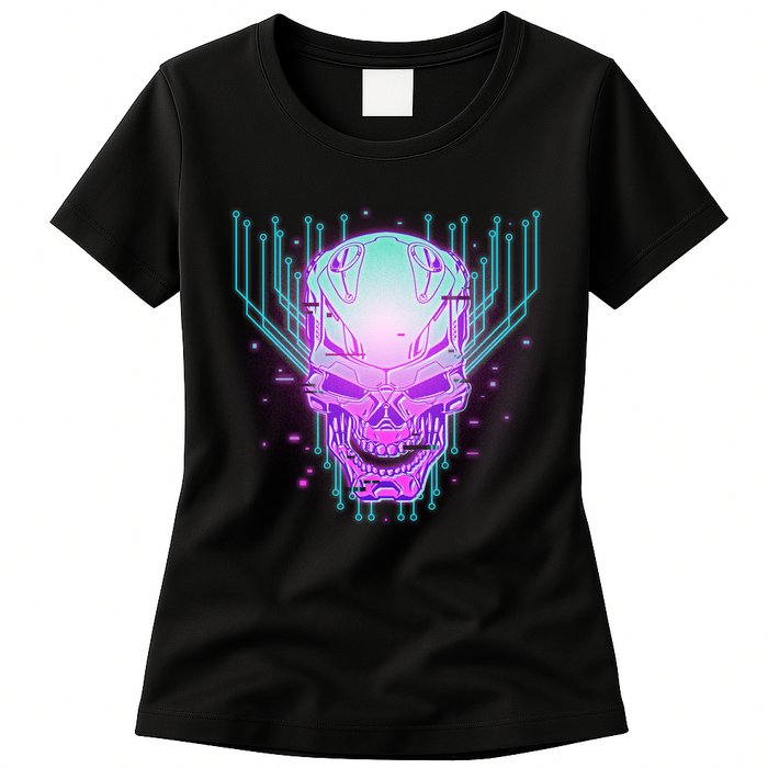 Retro Cyber Robot Skull  Womens T-Shirt