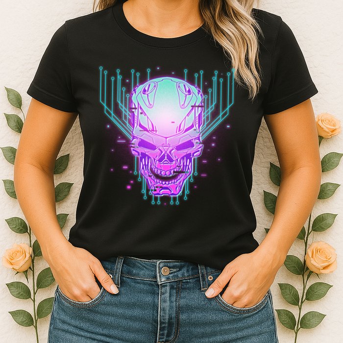 Retro Cyber Robot Skull  Womens T-Shirt