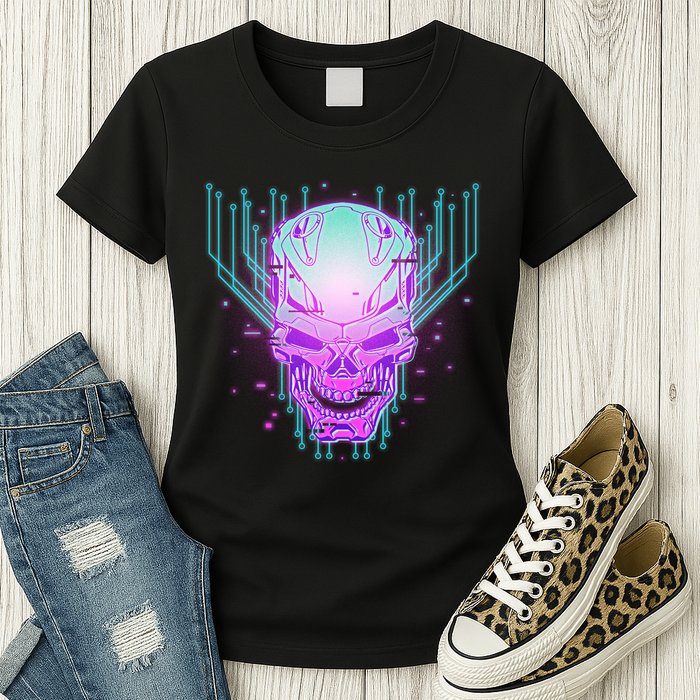 Retro Cyber Robot Skull  Womens T-Shirt