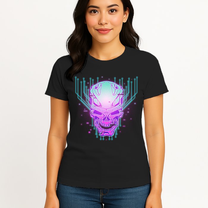 Retro Cyber Robot Skull  Womens T-Shirt