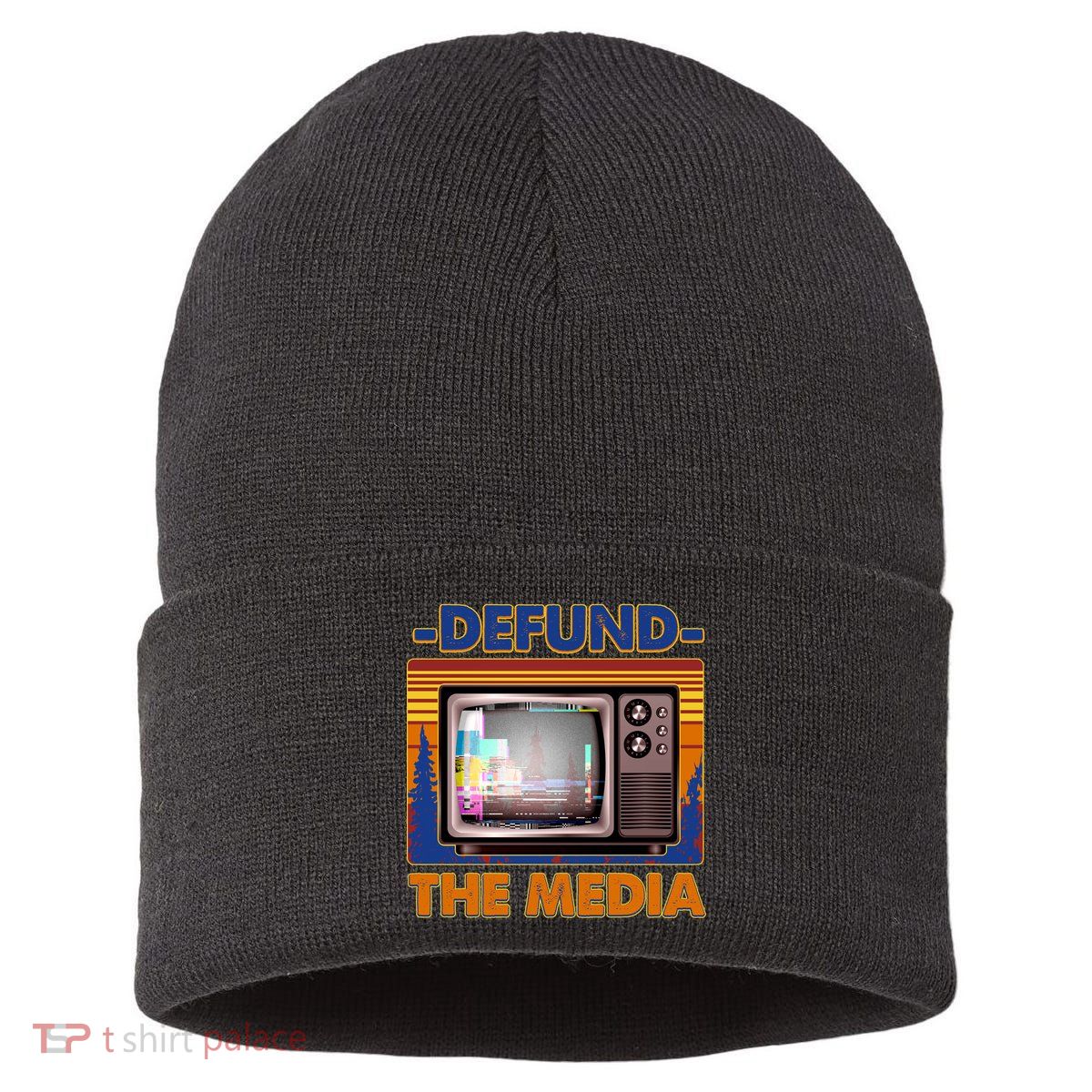 Retro Defund the Media Vintage TV Set Sustainable Knit Beanie
