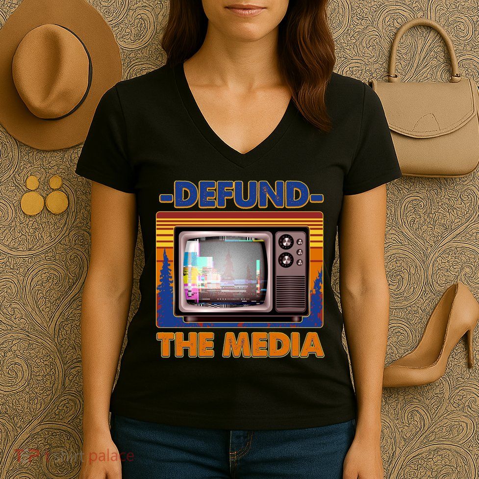 Retro Defund the Media Vintage TV Set Women's V-Neck T-Shirt