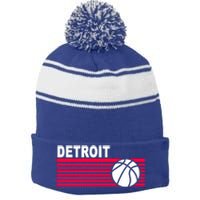 Retro Detroit Basketball Classic Logo Stripe Pom Pom Beanie