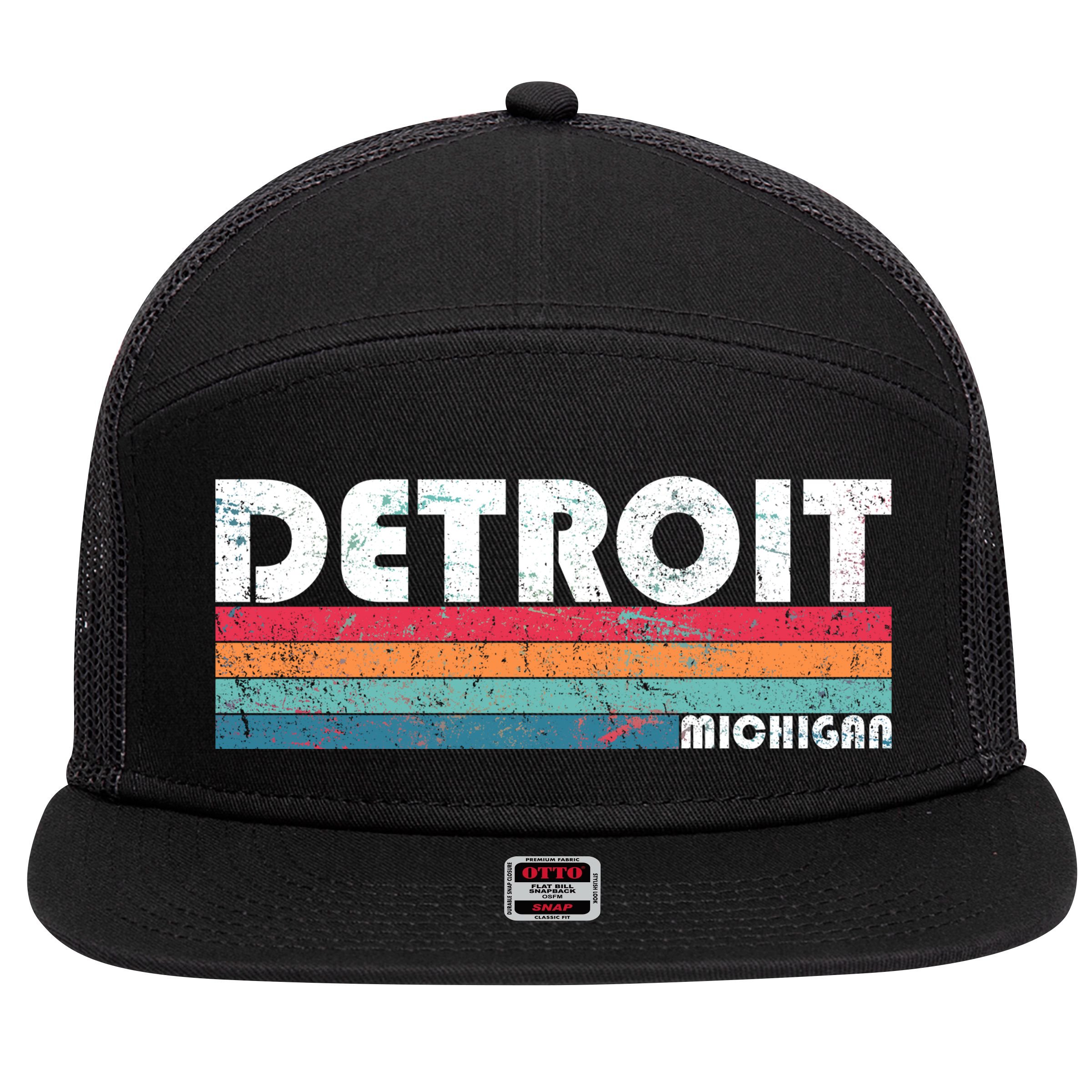 Retro Detroit Michigan 7 Panel Mesh Trucker Snapback Hat