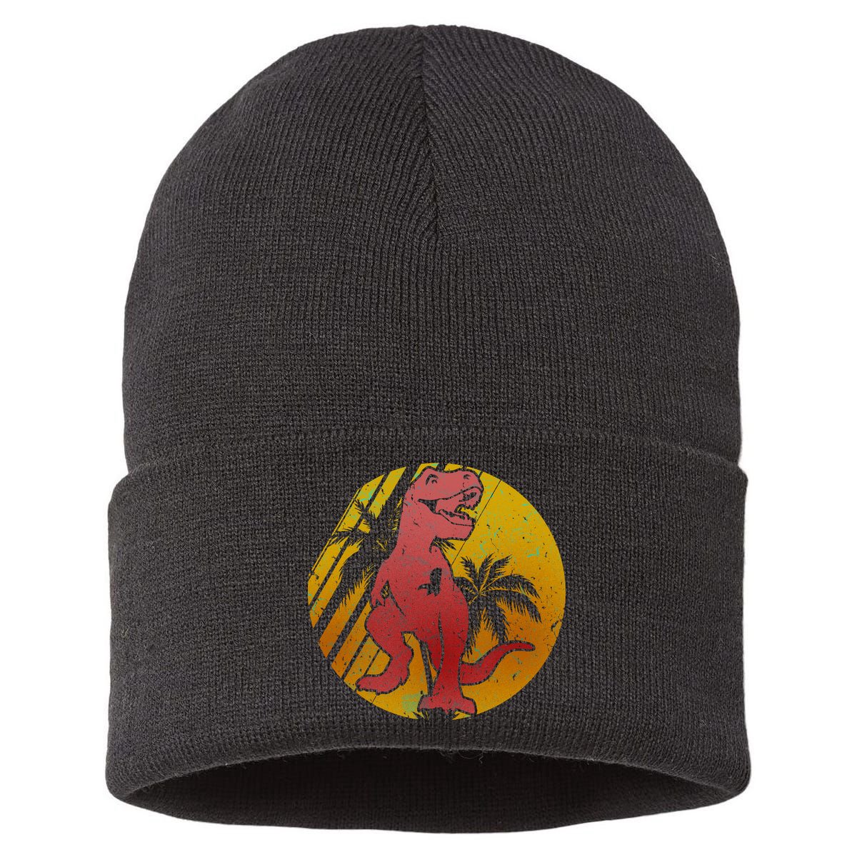 Retro Dinosaur Sunset Sustainable Knit Beanie
