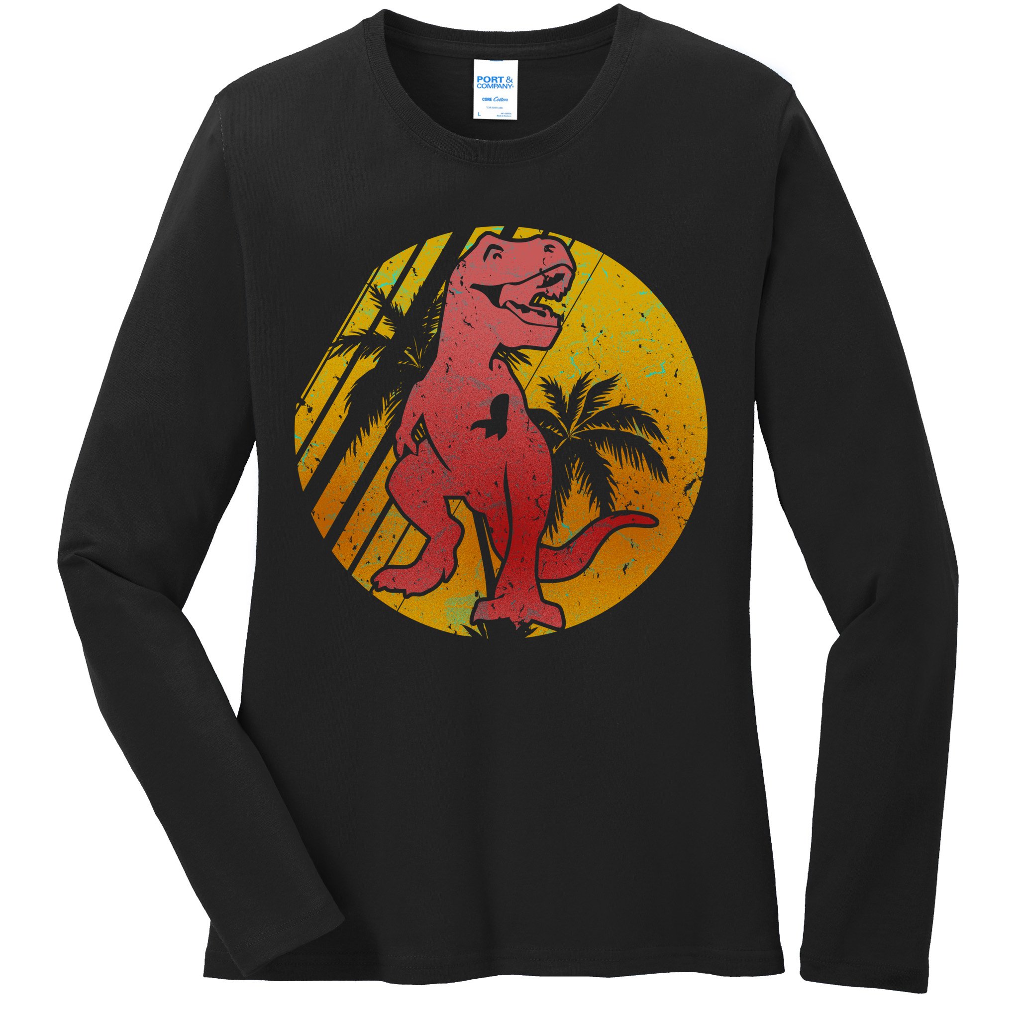 Retro Dinosaur Sunset Ladies Long Sleeve Shirt