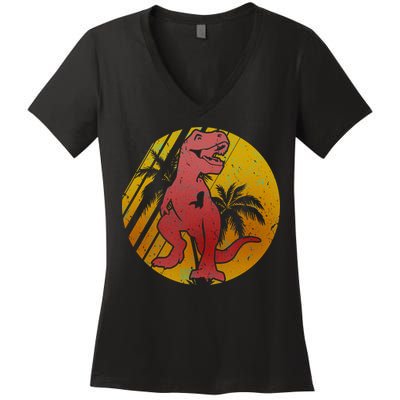 Retro Dinosaur Sunset Women's V-Neck T-Shirt