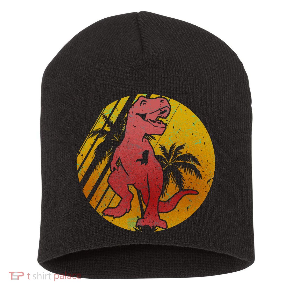 Retro Dinosaur Sunset Short Acrylic Beanie
