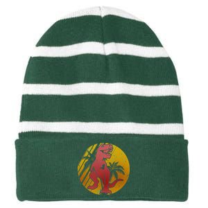 Retro Dinosaur Sunset Striped Beanie with Solid Band