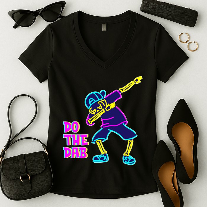 Retro Do the Dab Neon Skeleton Women's V-Neck T-Shirt