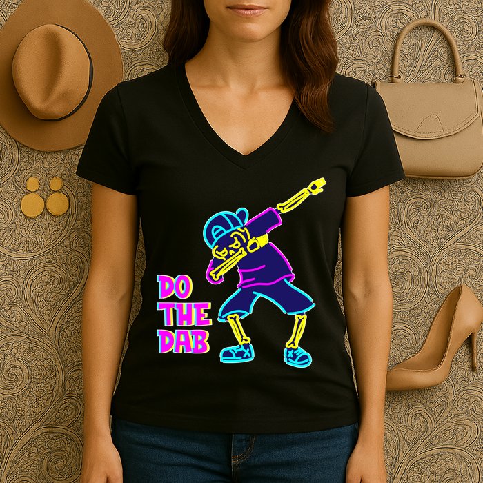 Retro Do the Dab Neon Skeleton Women's V-Neck T-Shirt