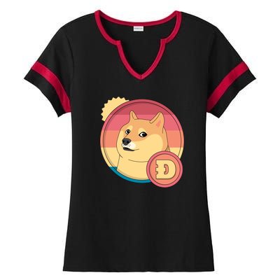 Retro DogeCoin Ladies Halftime Notch Neck Tee