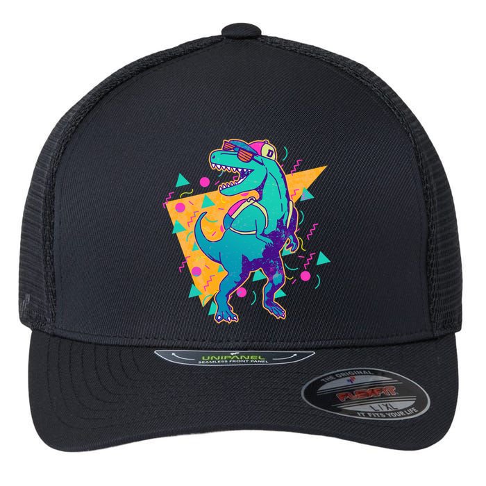 Retro Eighties Nineties Back to School TRex Dinosaur Flexfit Unipanel Trucker Cap