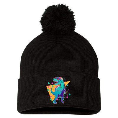 Retro Eighties Nineties Back to School TRex Dinosaur Pom Pom 12in Knit Beanie