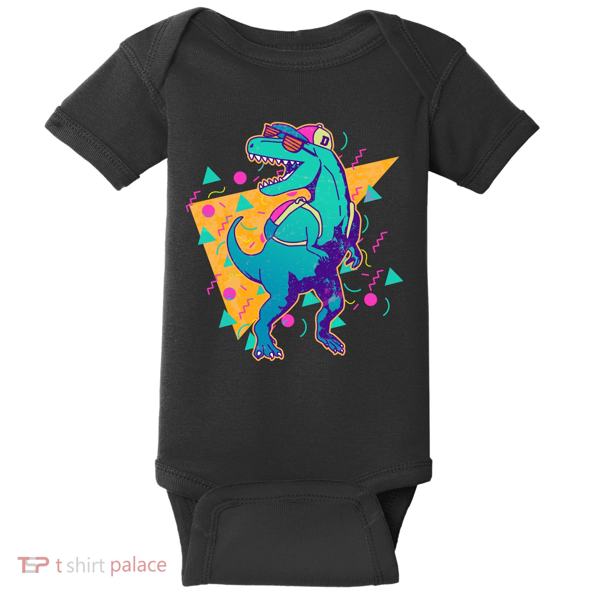 Retro Eighties Nineties Back to School TRex Dinosaur Baby Bodysuit