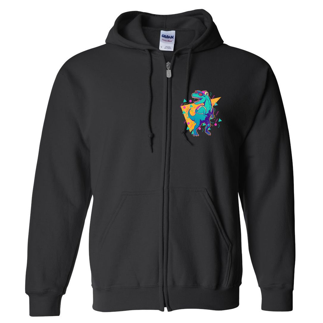 Retro Eighties Nineties Back to School TRex Dinosaur Full Zip Hoodie