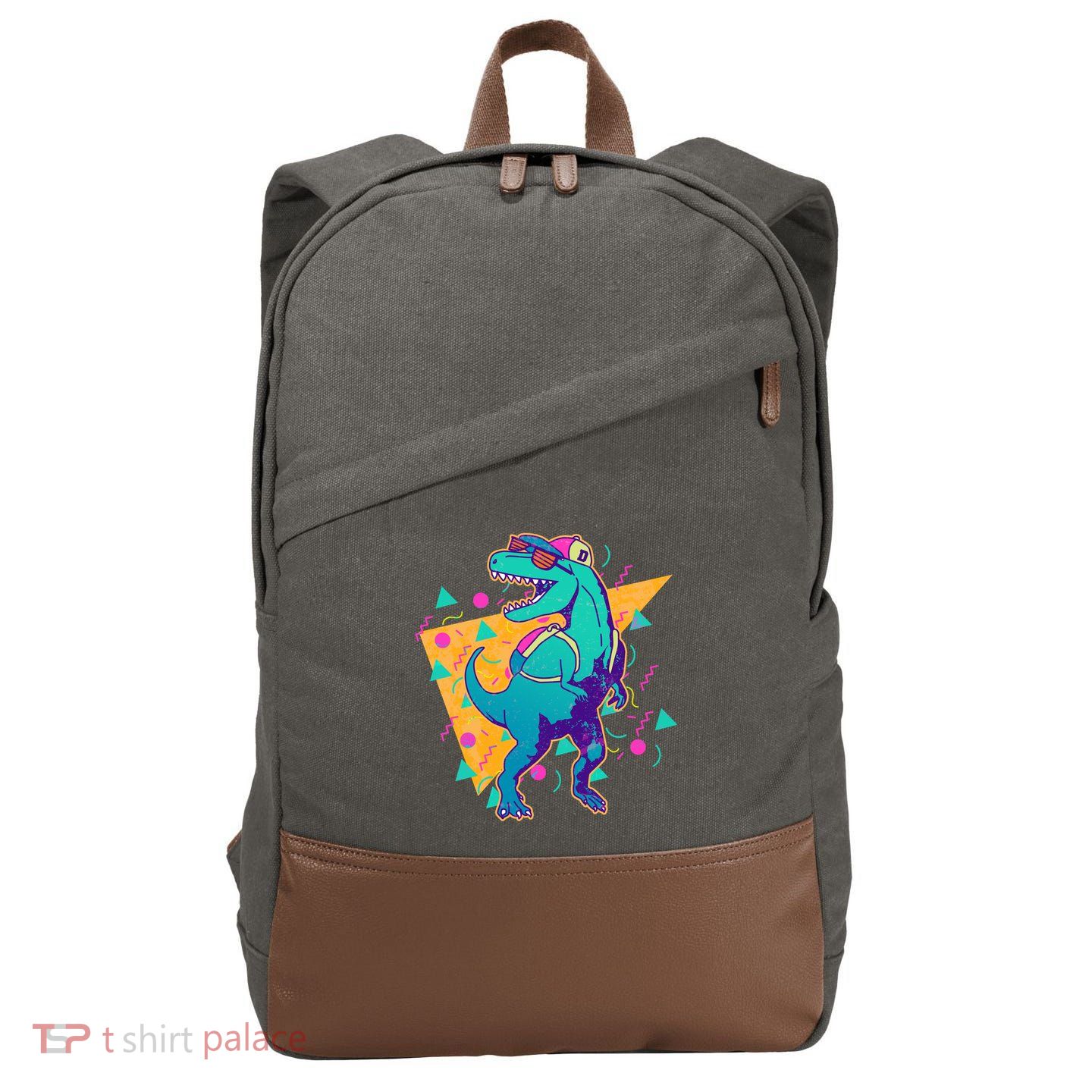 Retro Eighties Nineties Back to School TRex Dinosaur Cotton Canvas Backpack
