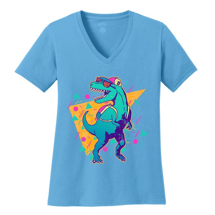 Retro Eighties Nineties Back to School TRex Dinosaur Women's V-Neck T-Shirt