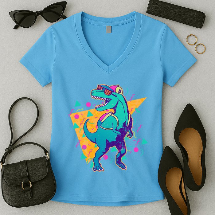 Retro Eighties Nineties Back to School TRex Dinosaur Women's V-Neck T-Shirt