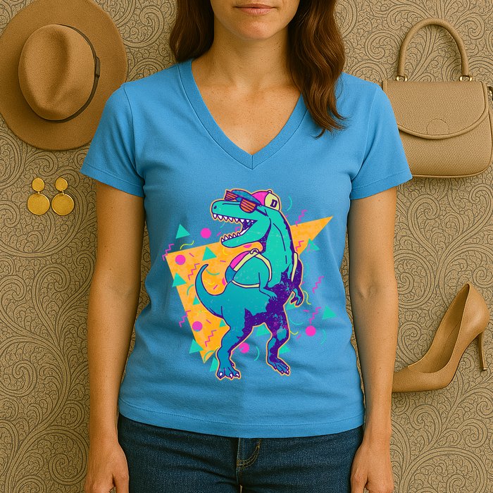 Retro Eighties Nineties Back to School TRex Dinosaur Women's V-Neck T-Shirt