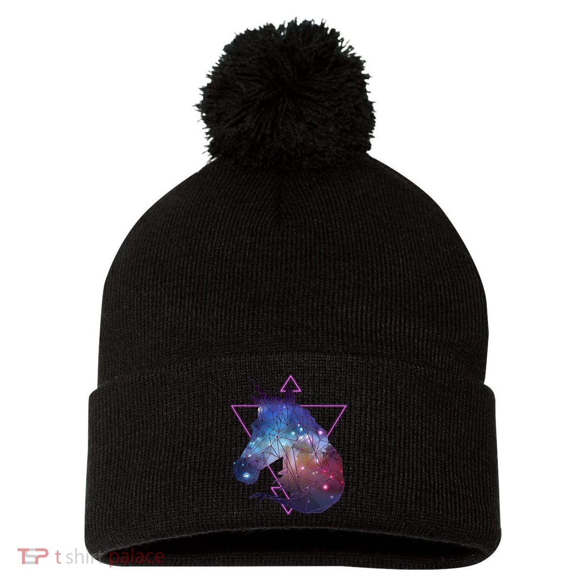 Retro Eighties Polygon Galaxy Unicorn Pom Pom 12in Knit Beanie