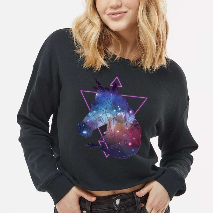 Retro Eighties Polygon Galaxy Unicorn Cropped Pullover Crew