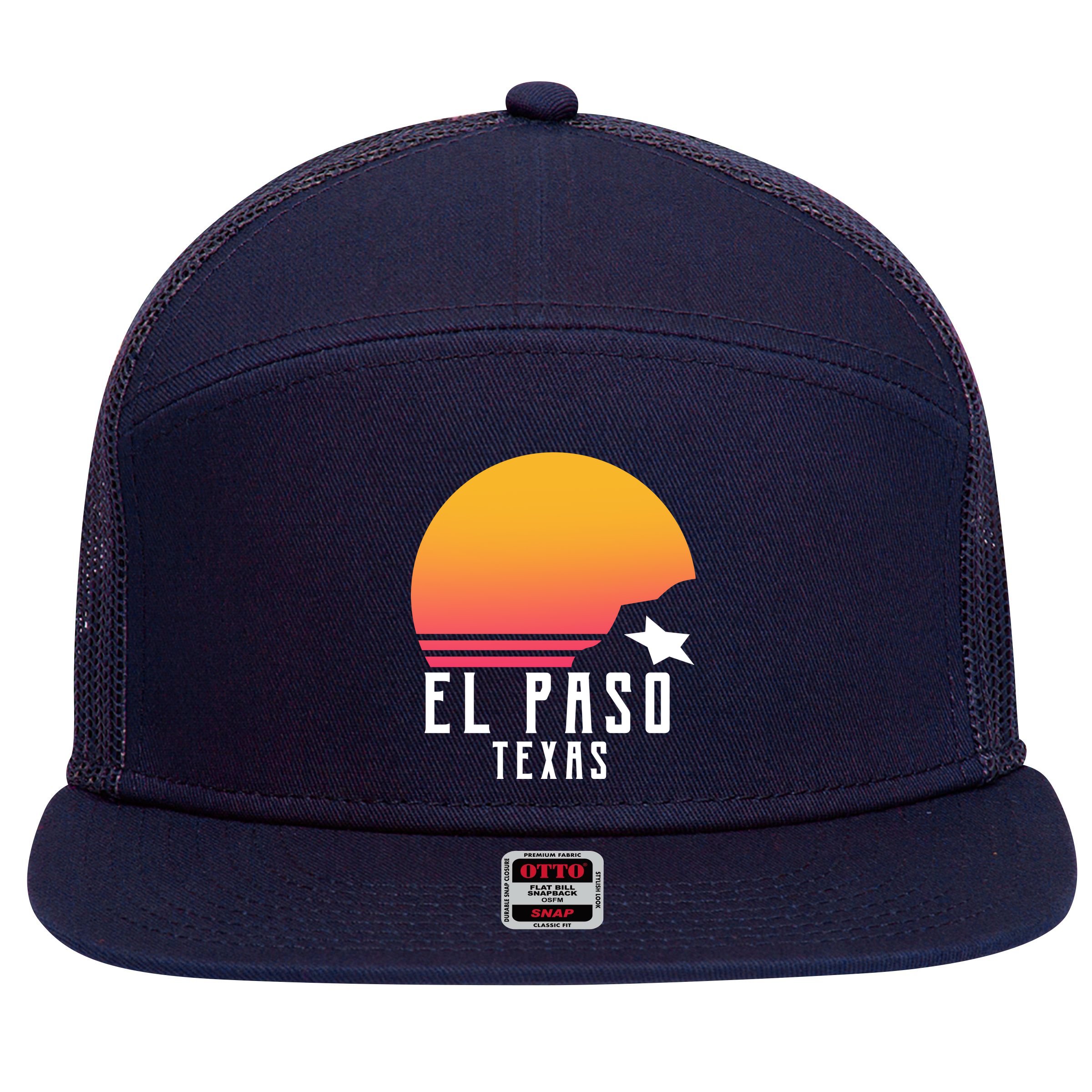 Retro El Paso Texas Sunset 7 Panel Mesh Trucker Snapback Hat