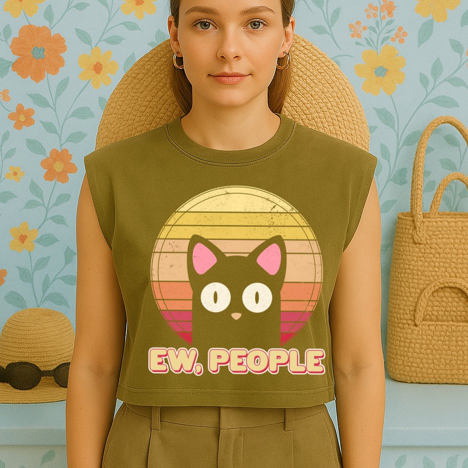 Retro Ew People Funny Cat Garment-Dyed Women's Muscle Tee