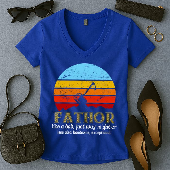 Retro Fathor Like Dad Just Way Mightier Women's V-Neck T-Shirt