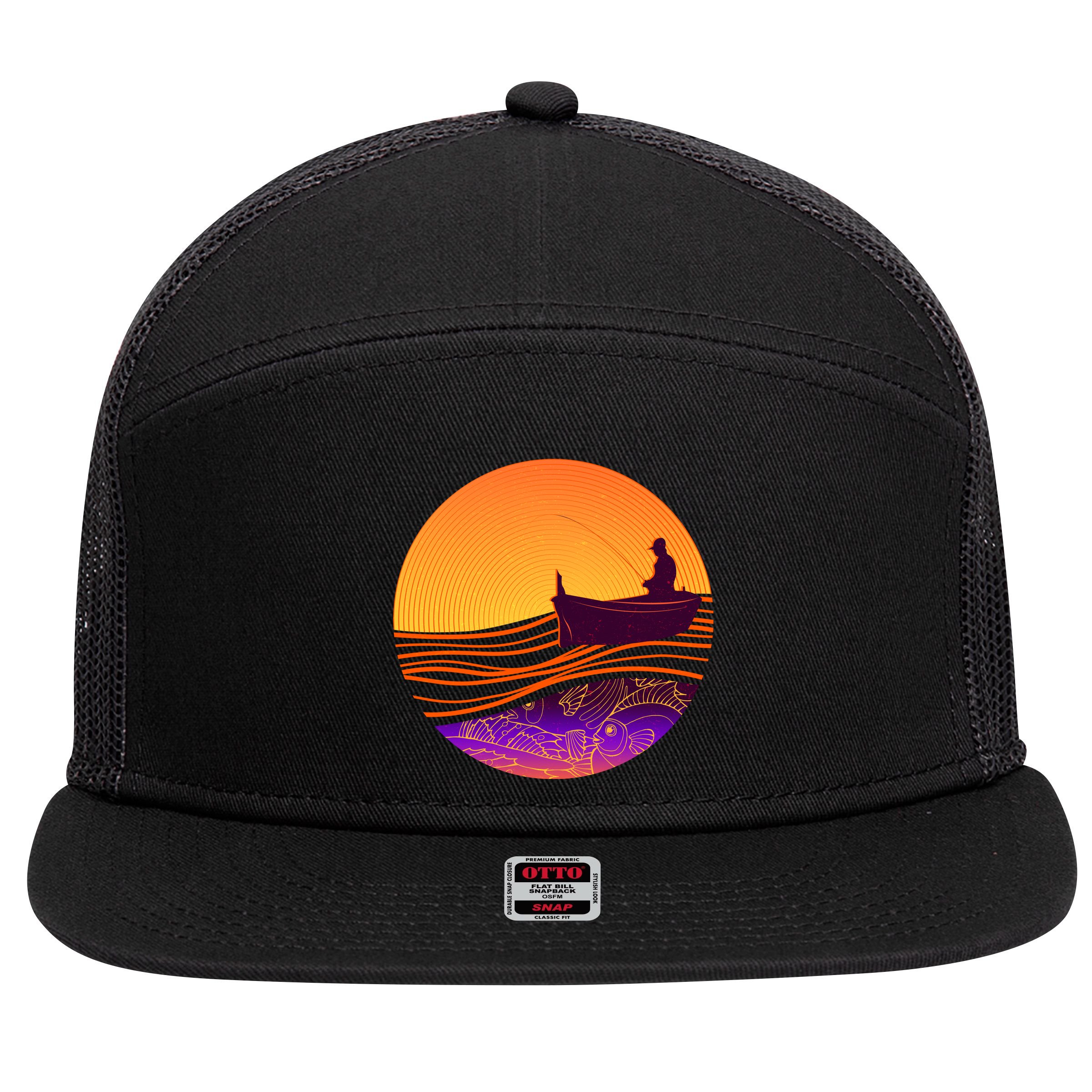 Retro Fisherman Boat Emblem 7 Panel Mesh Trucker Snapback Hat