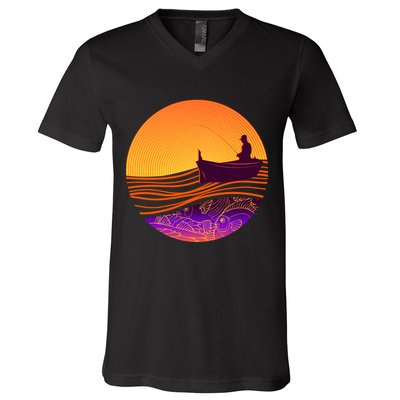 Retro Fisherman Boat Emblem V-Neck T-Shirt