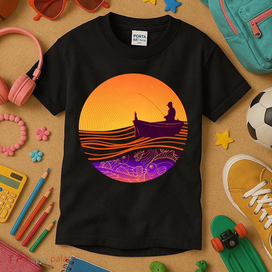 Retro Fisherman Boat Emblem Kids T-Shirt