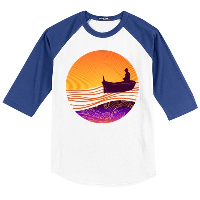 Retro Fisherman Boat Emblem Baseball Sleeve Shirt