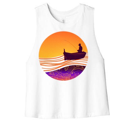 Retro Fisherman Boat Emblem Women's Racerback Cropped Tank