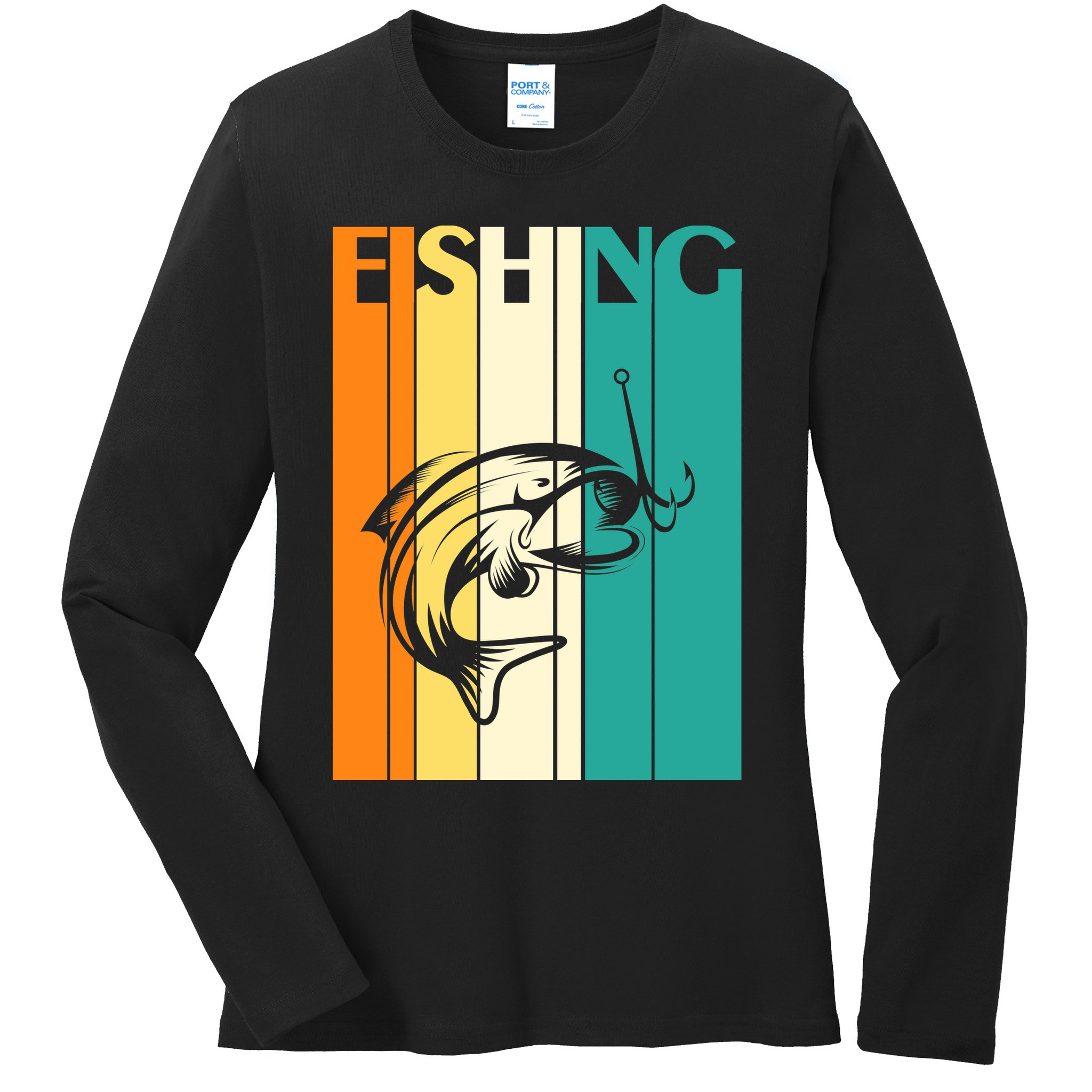 Retro Fishing Fish Hook Ladies Long Sleeve Shirt