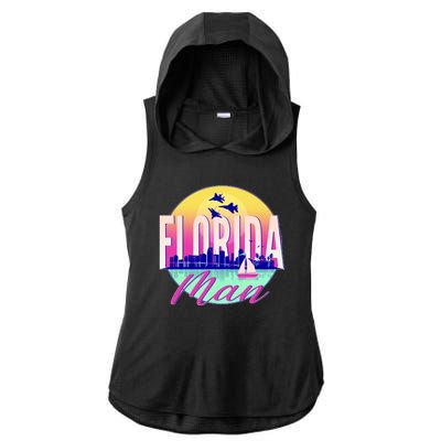 Retro Florida Man Miama Skyline with Fighter Jets Ladies PosiCharge Tri-Blend Wicking Draft Hoodie Tank