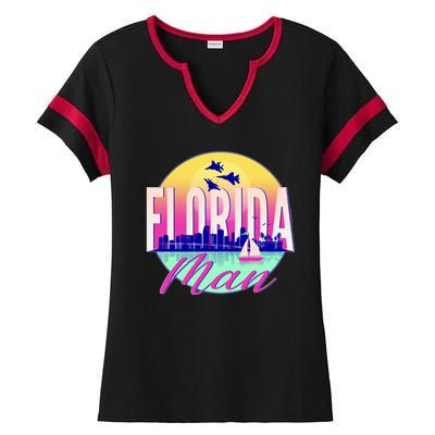 Retro Florida Man Miama Skyline with Fighter Jets Ladies Halftime Notch Neck Tee