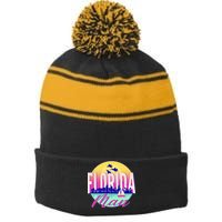 Retro Florida Man Miama Skyline with Fighter Jets Stripe Pom Pom Beanie