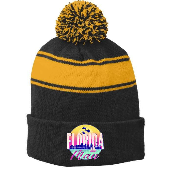 Retro Florida Man Miama Skyline with Fighter Jets Stripe Pom Pom Beanie