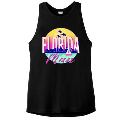 Retro Florida Man Miama Skyline with Fighter Jets Ladies PosiCharge Tri-Blend Wicking Tank