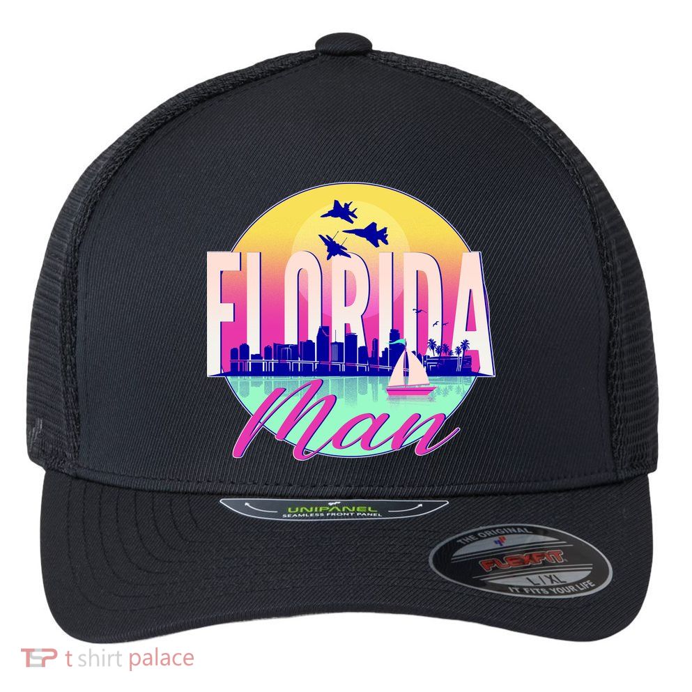 Retro Florida Man Miama Skyline with Fighter Jets Flexfit Unipanel Trucker Cap