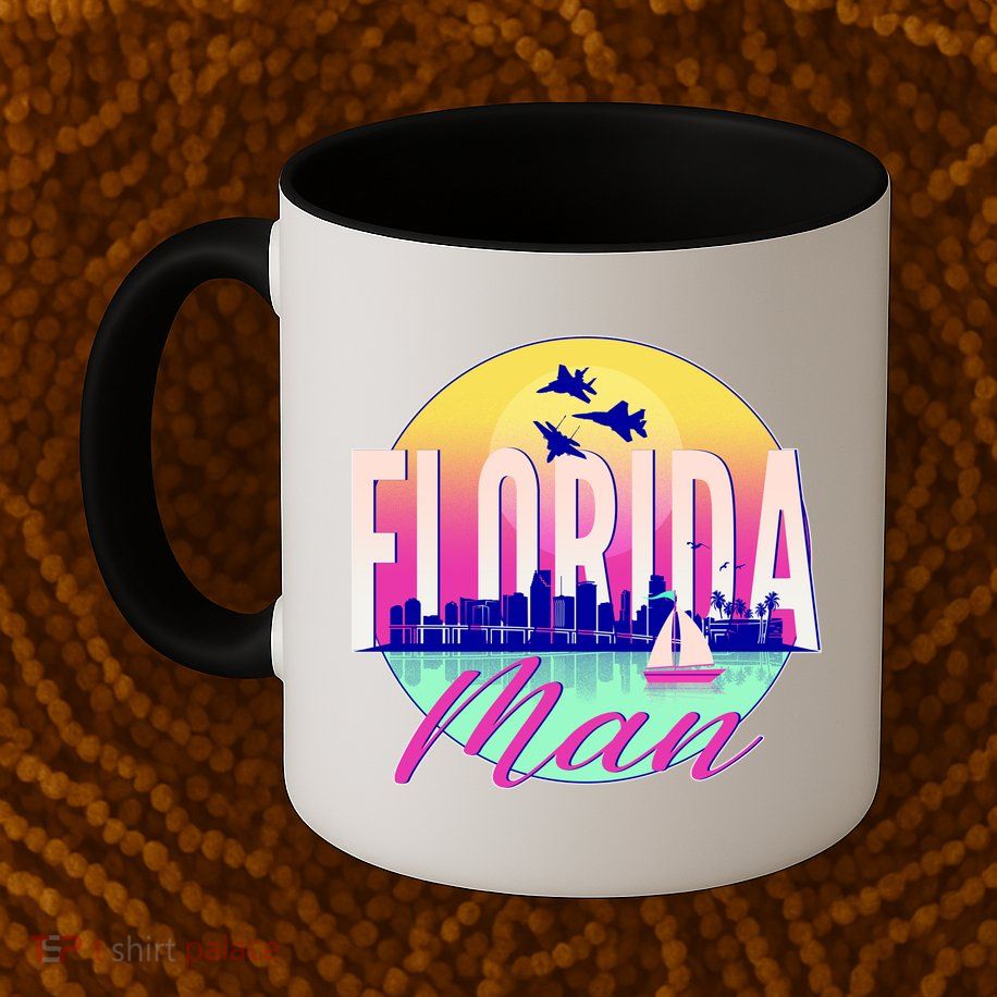 Retro Florida Man Miama Skyline with Fighter Jets Mug