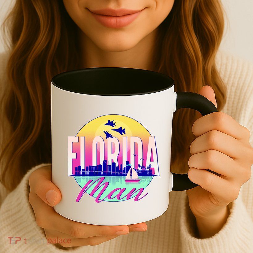 Retro Florida Man Miama Skyline with Fighter Jets Mug