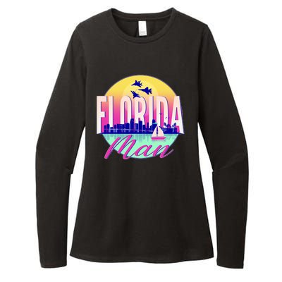 Retro Florida Man Miama Skyline with Fighter Jets Womens CVC Long Sleeve Shirt