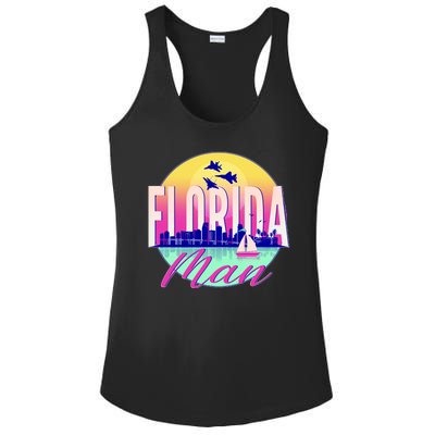 Retro Florida Man Miama Skyline with Fighter Jets Ladies PosiCharge Competitor Racerback Tank