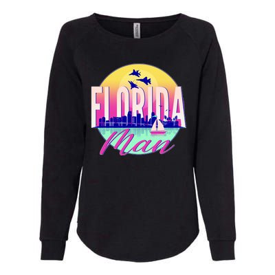 Retro Florida Man Miama Skyline with Fighter Jets Womens California Wash Sweatshirt