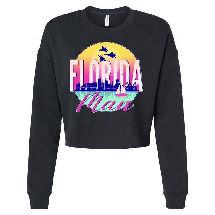 Retro Florida Man Miama Skyline with Fighter Jets Cropped Pullover Crew