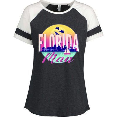 Retro Florida Man Miama Skyline with Fighter Jets Enza Ladies Jersey Colorblock Tee