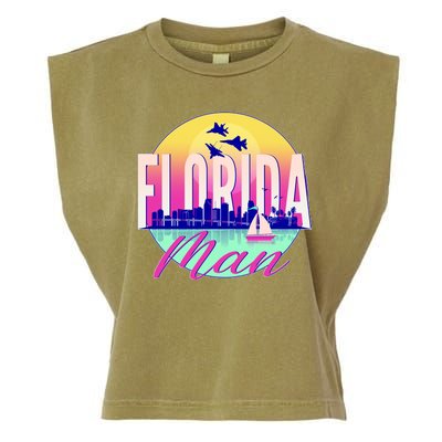 Retro Florida Man Miama Skyline with Fighter Jets Garment-Dyed Women's Muscle Tee